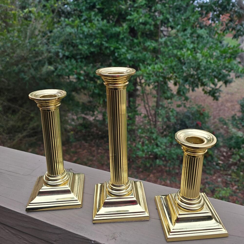 Baldwin Brass Column Candlesticks Smithsonian Shiny Gold Tone Metal Set of 3 Vtg
